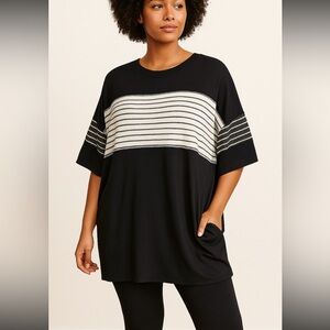 Celeste Oversized Stretchy Black Top w/ Striped Terry Cloth Panels | Size OS